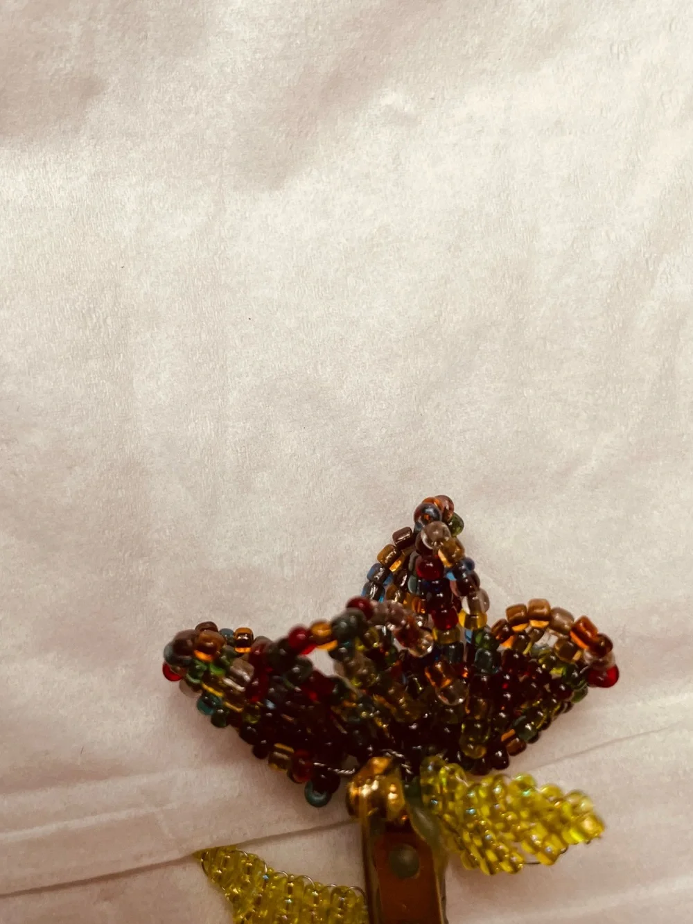 Beaded Floral Brooch in Purple Flower and Yellow Leaves.